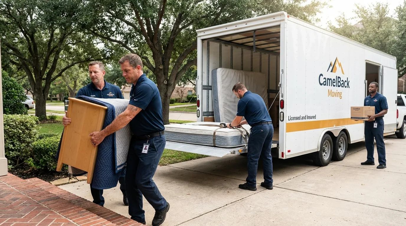 Crew loading residential truck for cross-state move from Clyde, NY