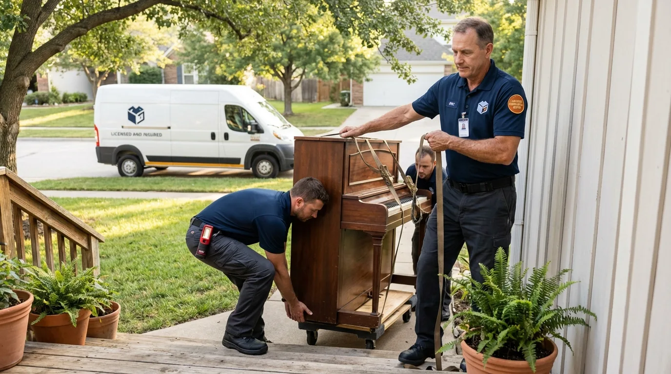 Licensed piano movers securing grand piano in Clyde, NY