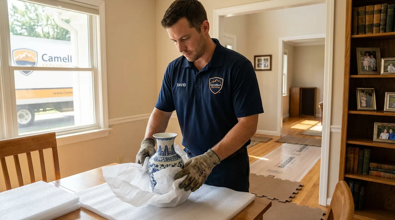 Professional crew carefully wrapping antique vase for senior downsizing move in Clyde, NY