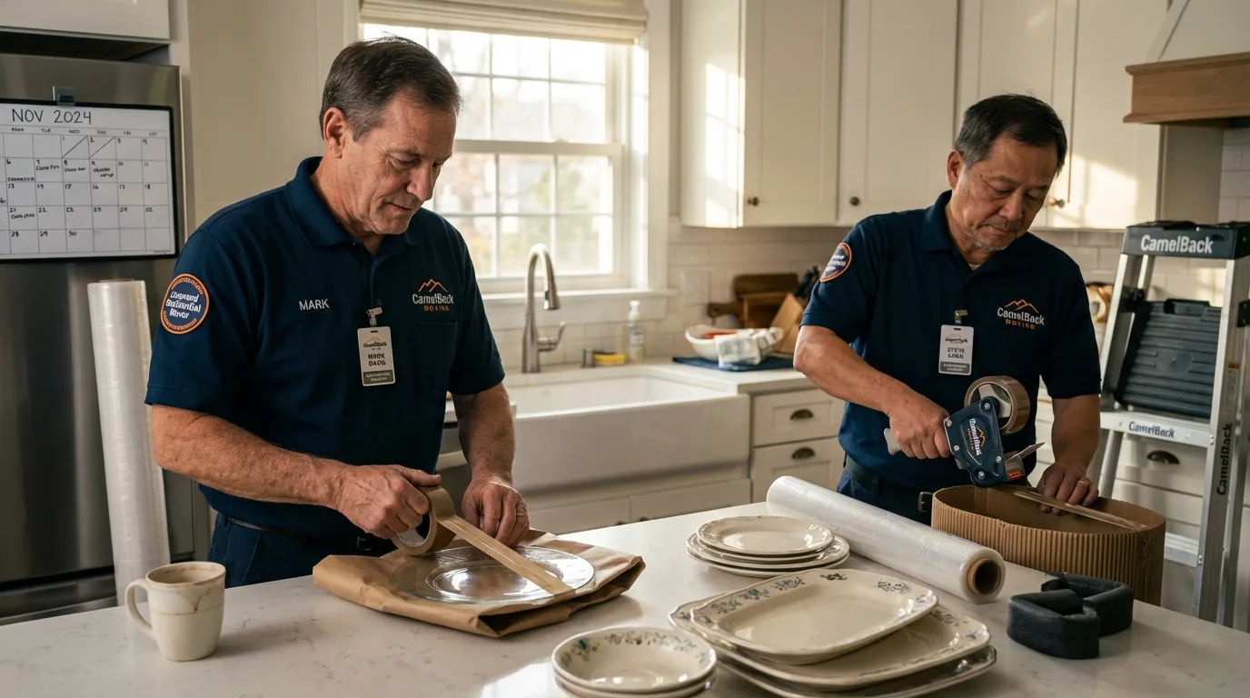 Professional crew packing kitchen dishware in Clyde, NY